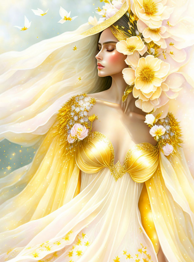 Surreal illustration of woman with golden flowers, butterflies, and dreamy ambiance