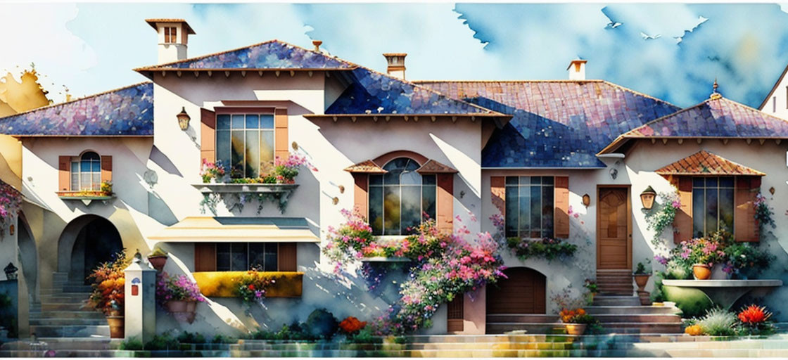 Colorful Mediterranean-style house with terracotta roof tiles and vibrant flora under sunny sky.