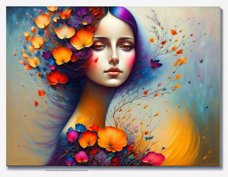 Vibrant artwork: Woman with flowers and butterflies on soft background