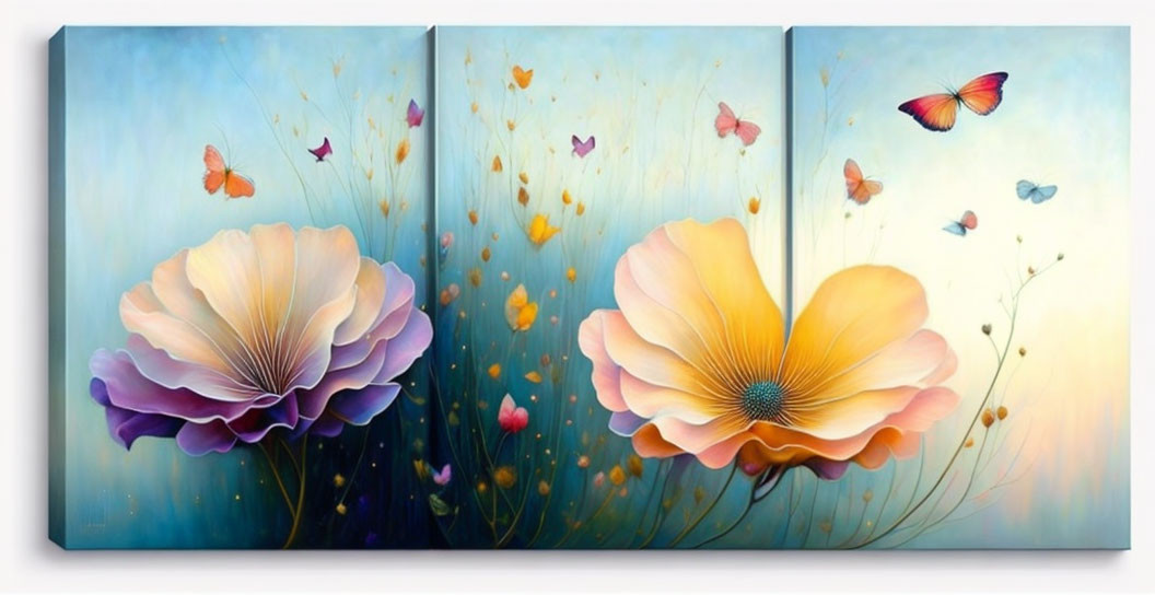 Triptych canvas painting of vibrant flowers and butterflies on soft blue background