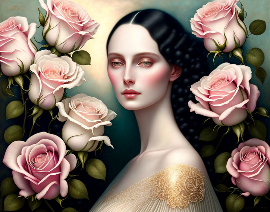 Pale-skinned woman with dark hair among pink roses on teal background