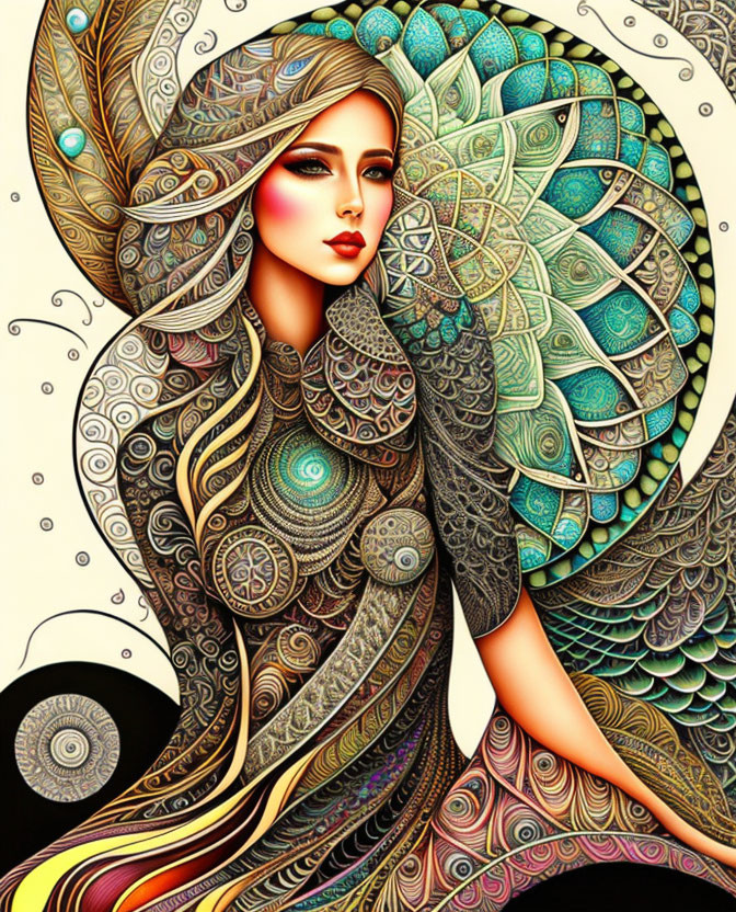 Illustrated portrait of a woman with peacock-inspired hair and intricate patterns.