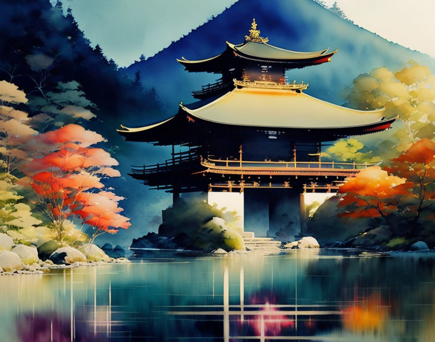 Traditional multi-tiered pagoda in autumn landscape with lake reflection