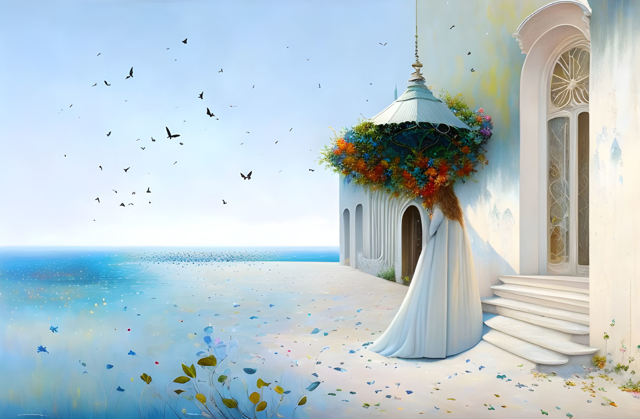 Seaside building with dome, vibrant flowers, birds, and serene ocean view