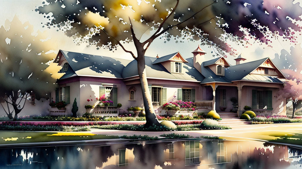 Whimsical colorful house with pond and paint sky