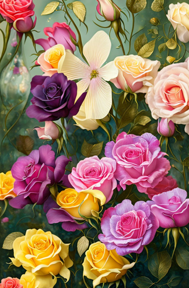 Colorful rose collection: purple, pink, and yellow with white bloom on green backdrop