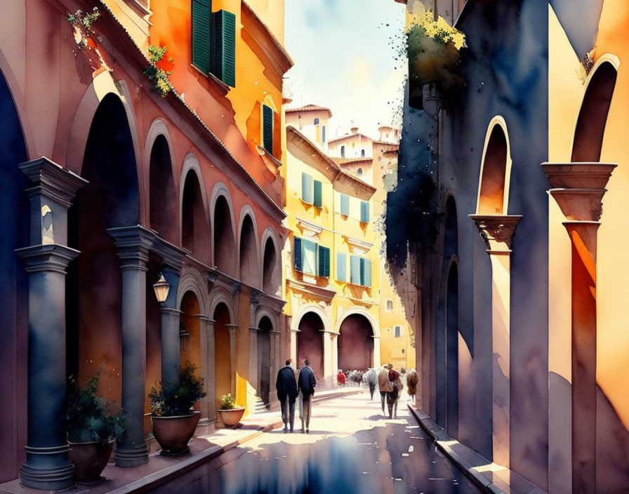 Sunlit European street watercolor painting with archways and colorful buildings