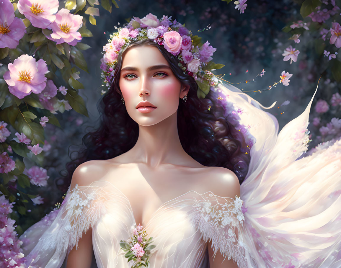 Woman with floral crown and delicate wings in blooming flower setting.