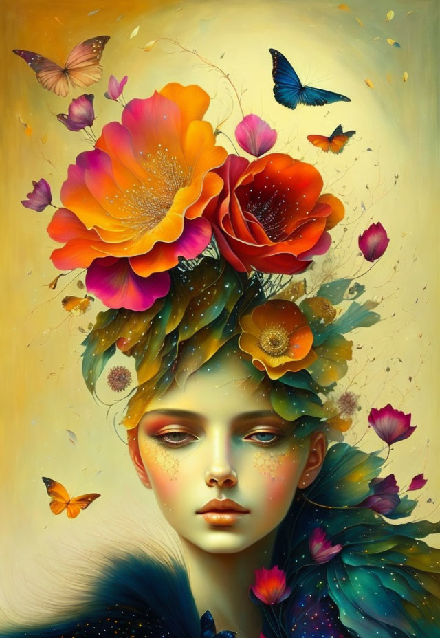 Surreal portrait of woman with floral hair and butterflies on soft background