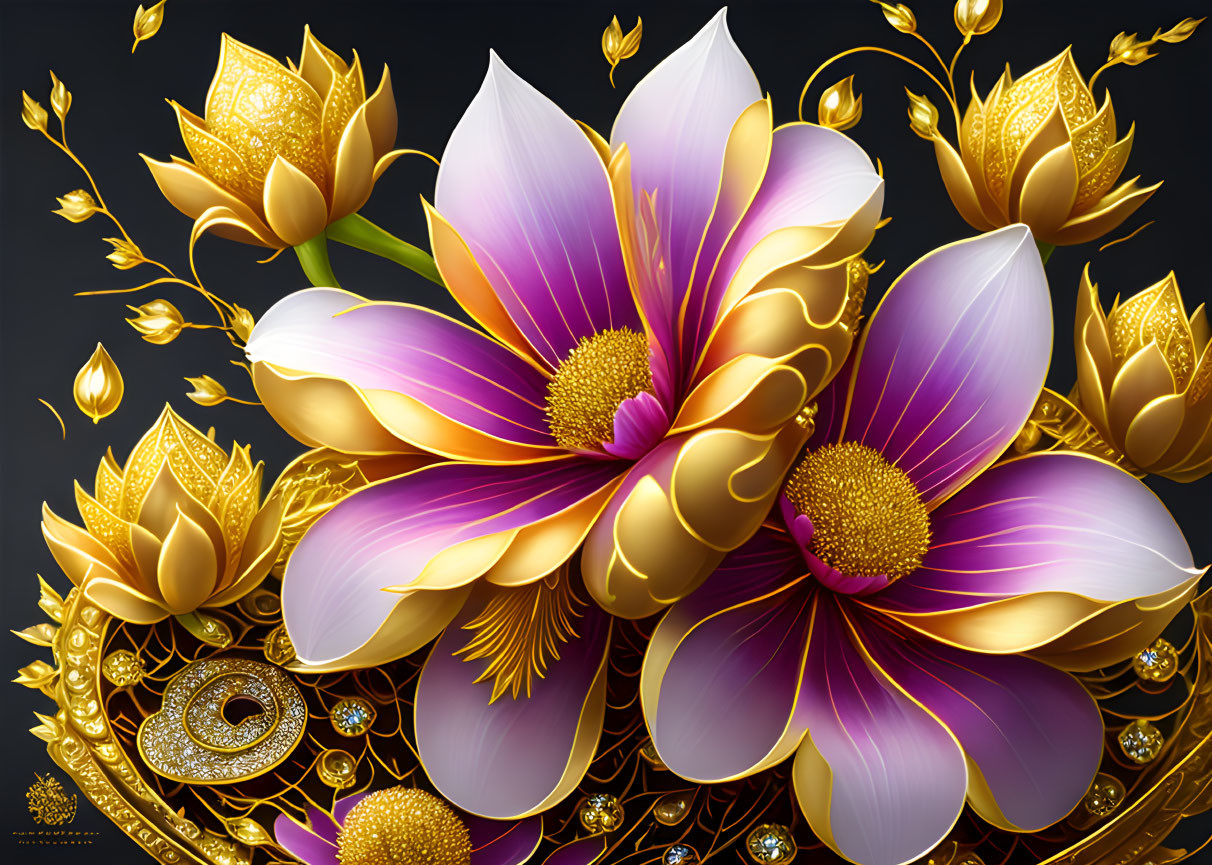 Digital Artwork: Stylized Lotus Flowers in Gold and Purple on Dark Background