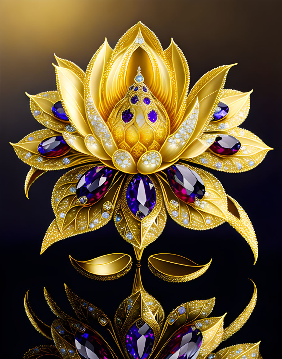 Golden flower with purple gems and bead details on dark gradient background