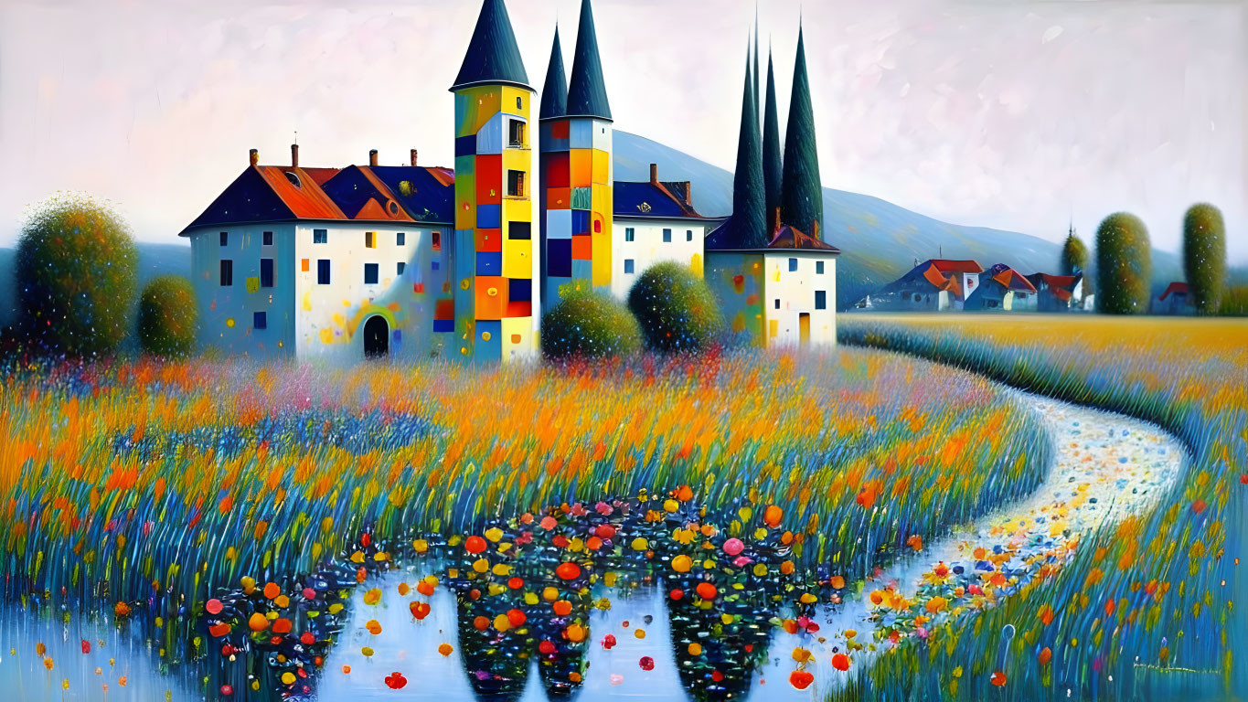 Vibrant flower field and patchwork castle in whimsical landscape