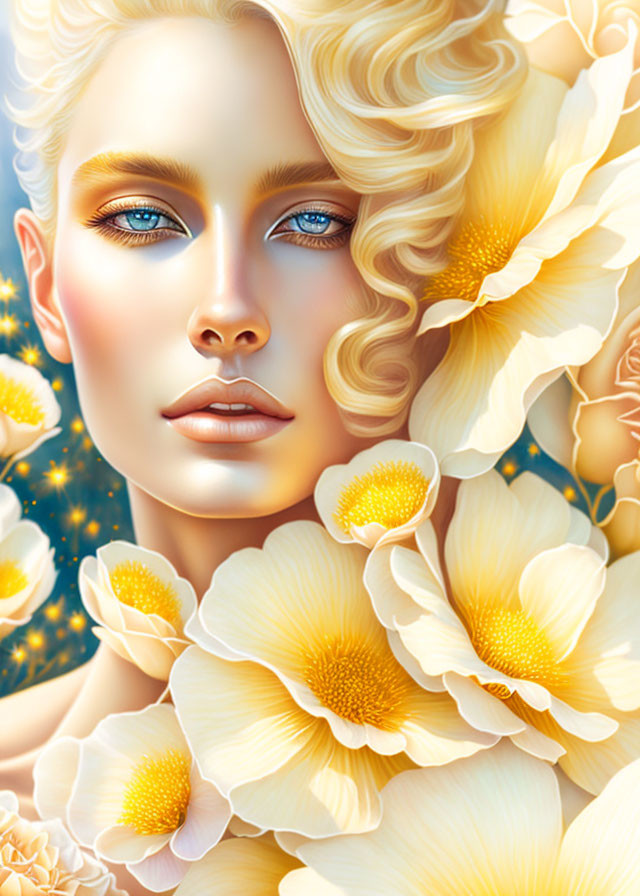 Digital artwork: Woman with golden hair and blue eyes among pale yellow flowers