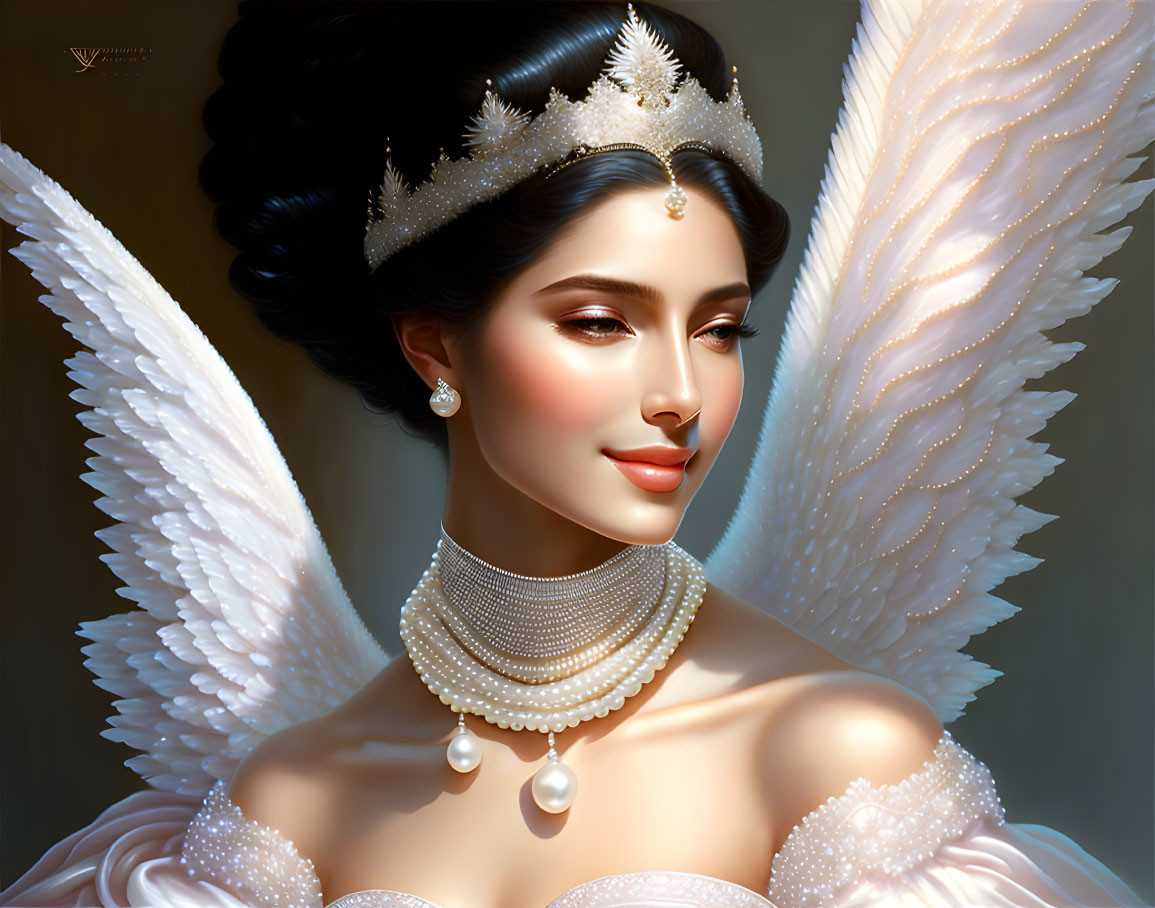 Illustration of woman with angelic wings and crown on dark background