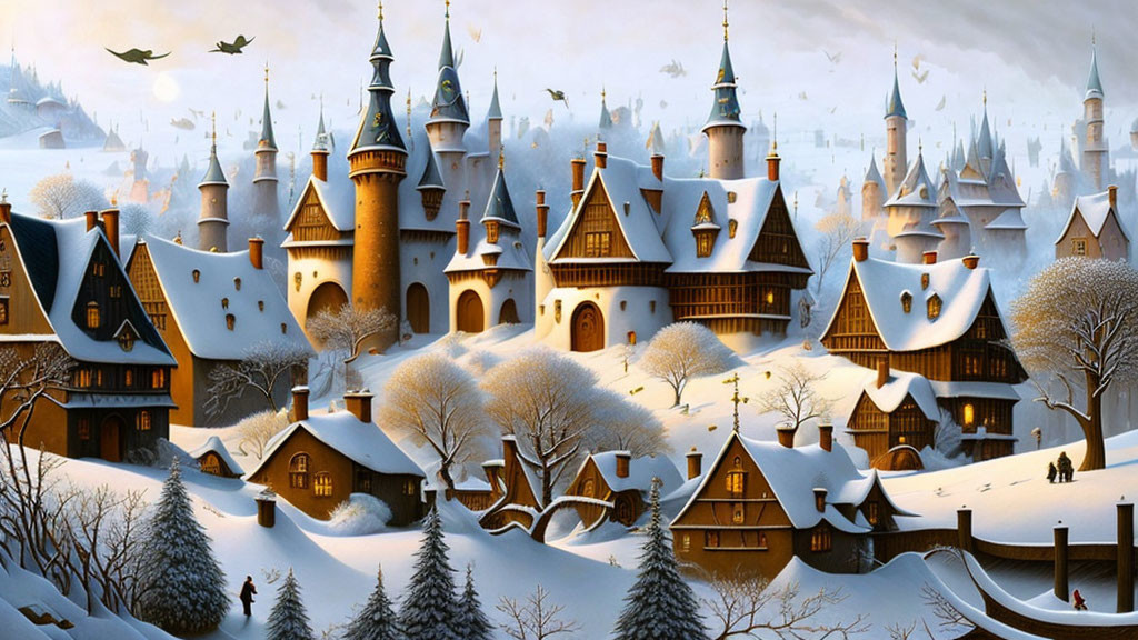 Snow-covered medieval-style buildings and castles in serene winter landscape