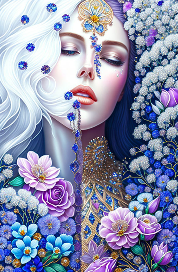 Fantasy illustration of woman with white hair and blue flowers in lush floral setting