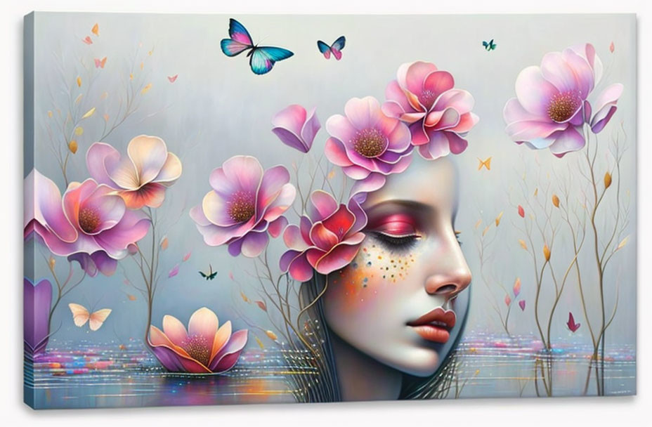 Illustration of woman with pink floral motifs and butterflies for a serene, nature-inspired theme