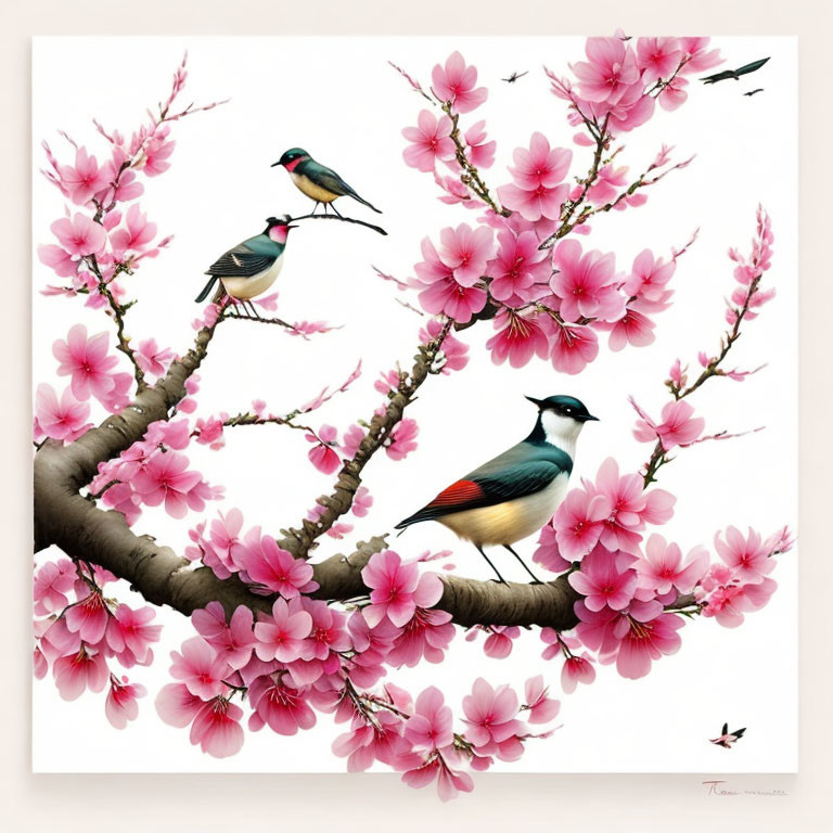 Colorful Birds on Cherry Blossom Branches Against White Background