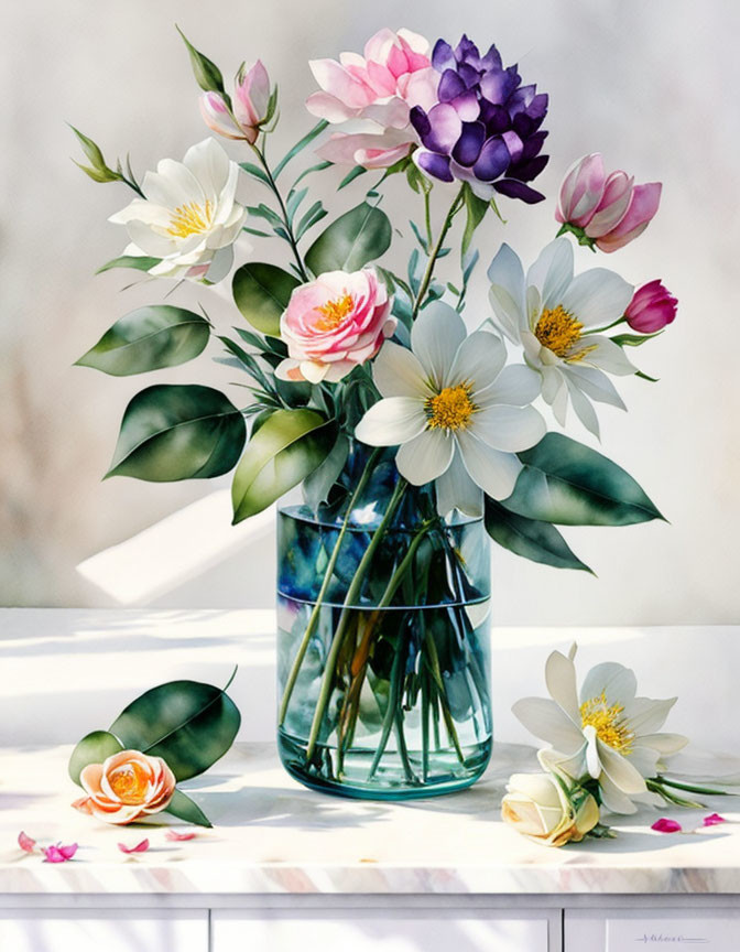 Assorted White, Pink, and Purple Flowers in Transparent Vase