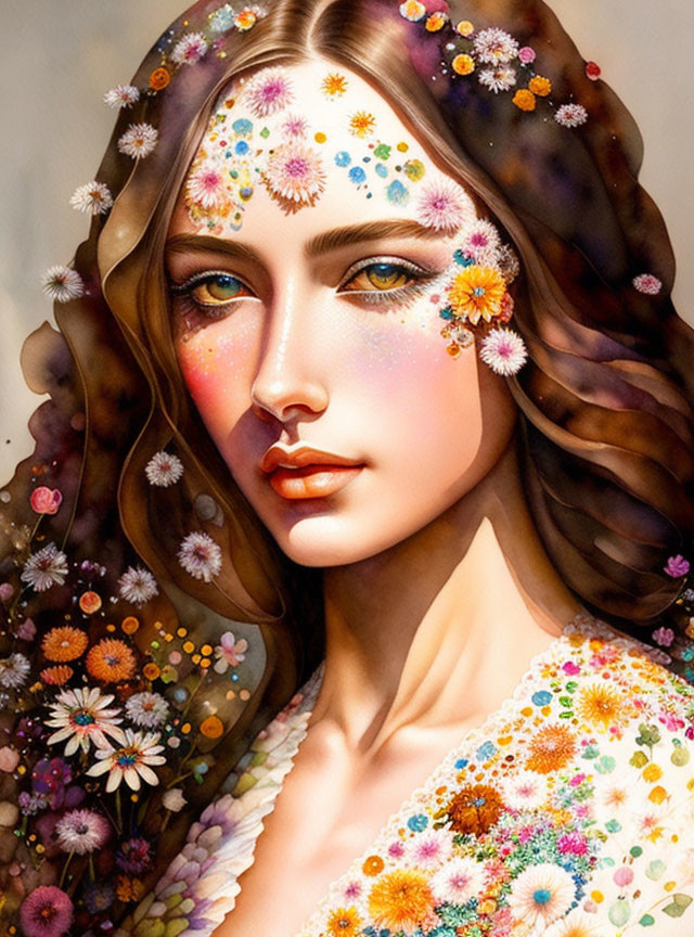 Detailed floral woman illustration on light background