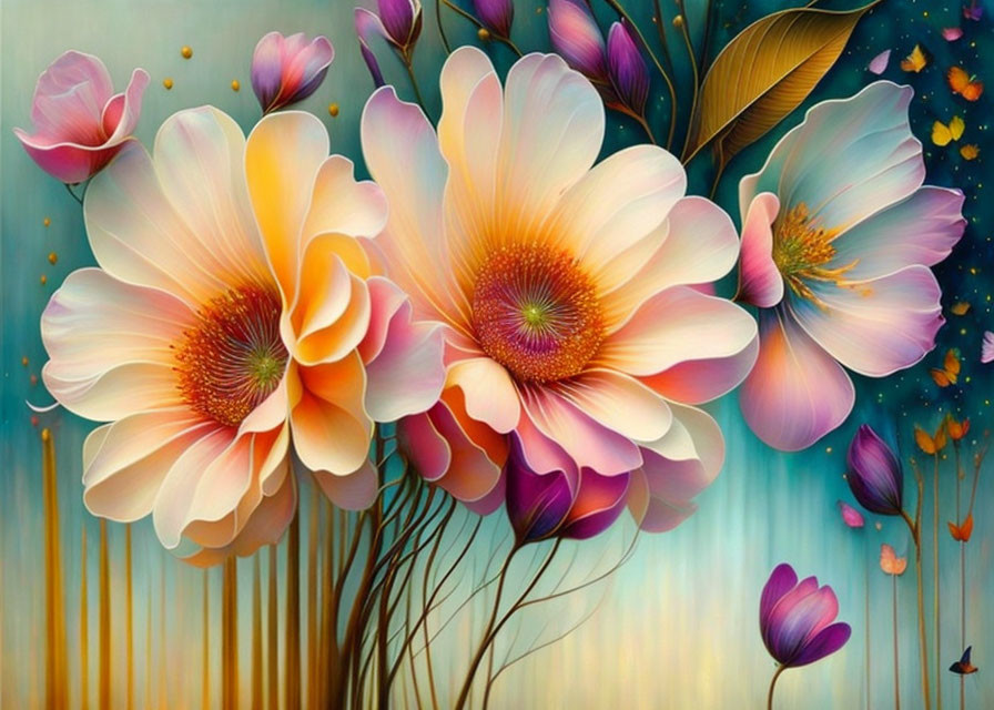 Colorful digital painting of stylized flowers in pink, orange, and white on textured background