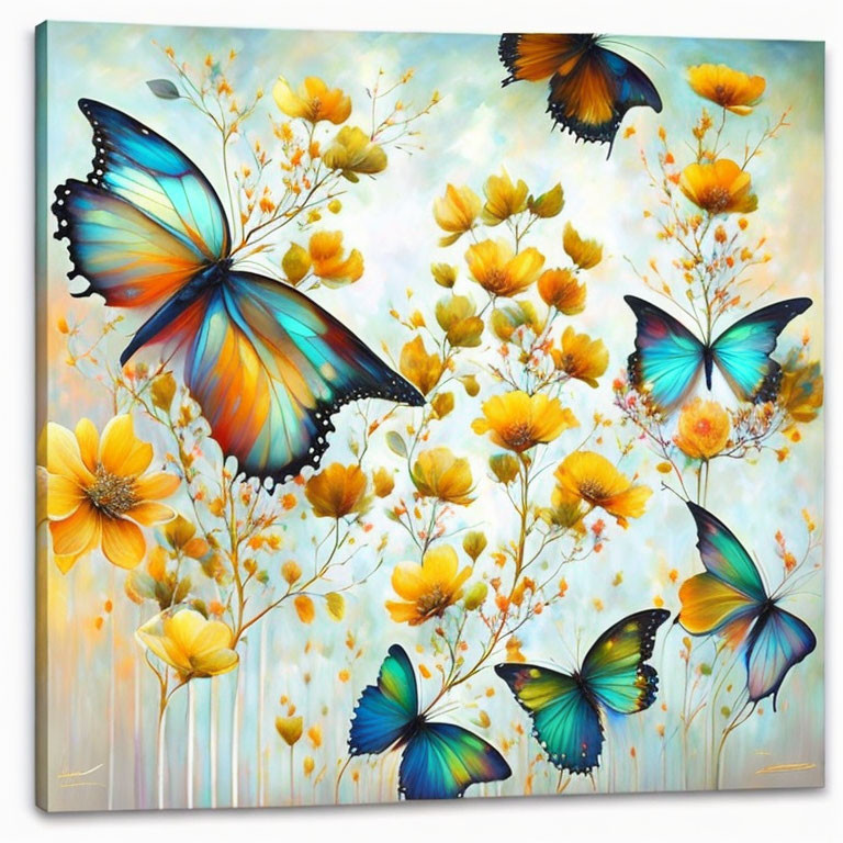 Colorful Butterfly Painting with Blue and Orange Wings on Light Blue Background