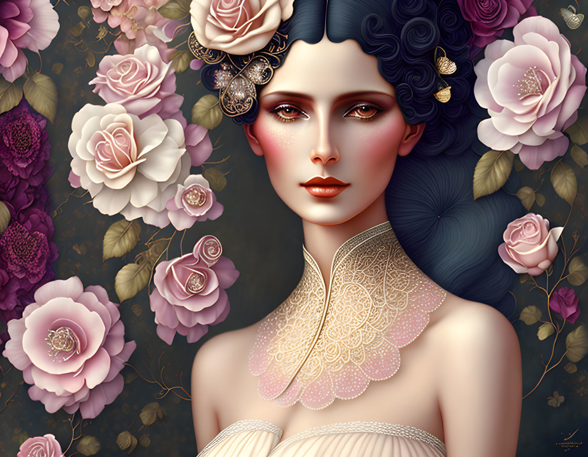 Detailed portrait of a woman with lace dress, butterfly hair accessories, and pastel roses.