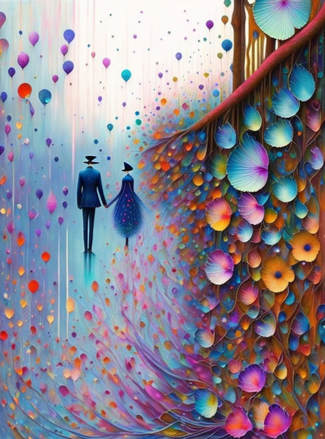 Colorful Silhouetted Figures Holding Hands with Vibrant Flowers and Drops