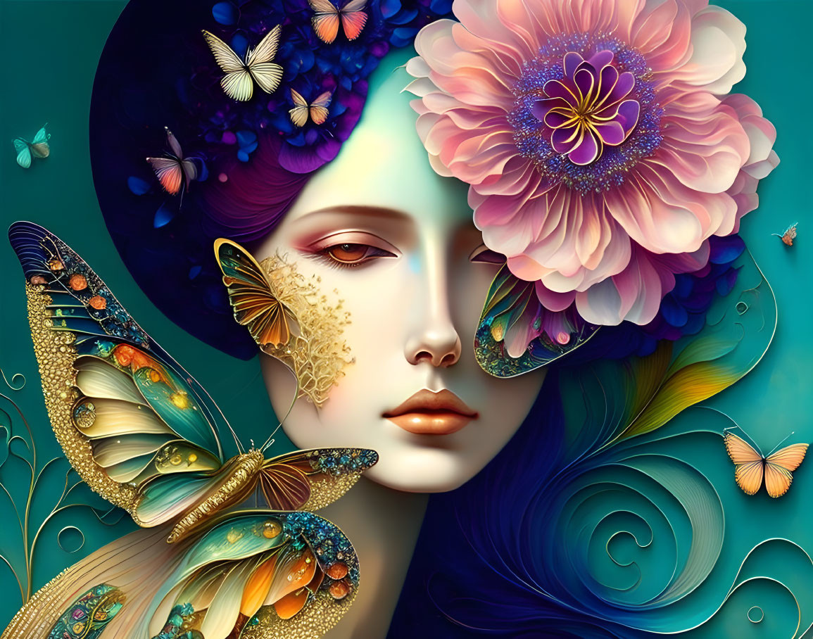 Colorful digital artwork featuring a serene woman's face with vibrant flowers and butterflies