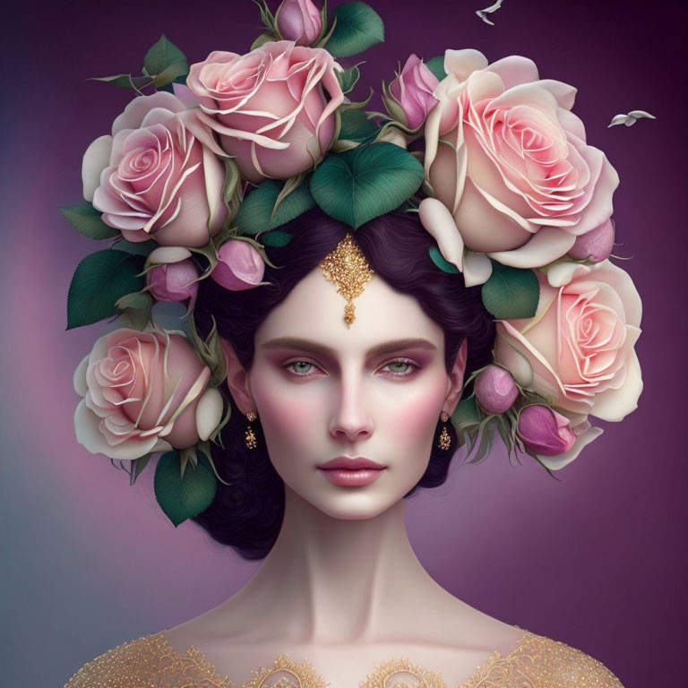 Portrait of woman with soft pink rose crown and elegant makeup