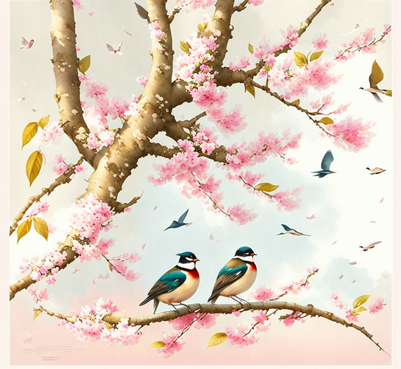 Birds on branch surrounded by pink cherry blossoms and flying petals