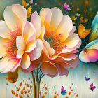 Colorful digital painting of stylized flowers in pink, orange, and white on textured background