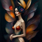 Colorful butterfly-winged female figure on dark background