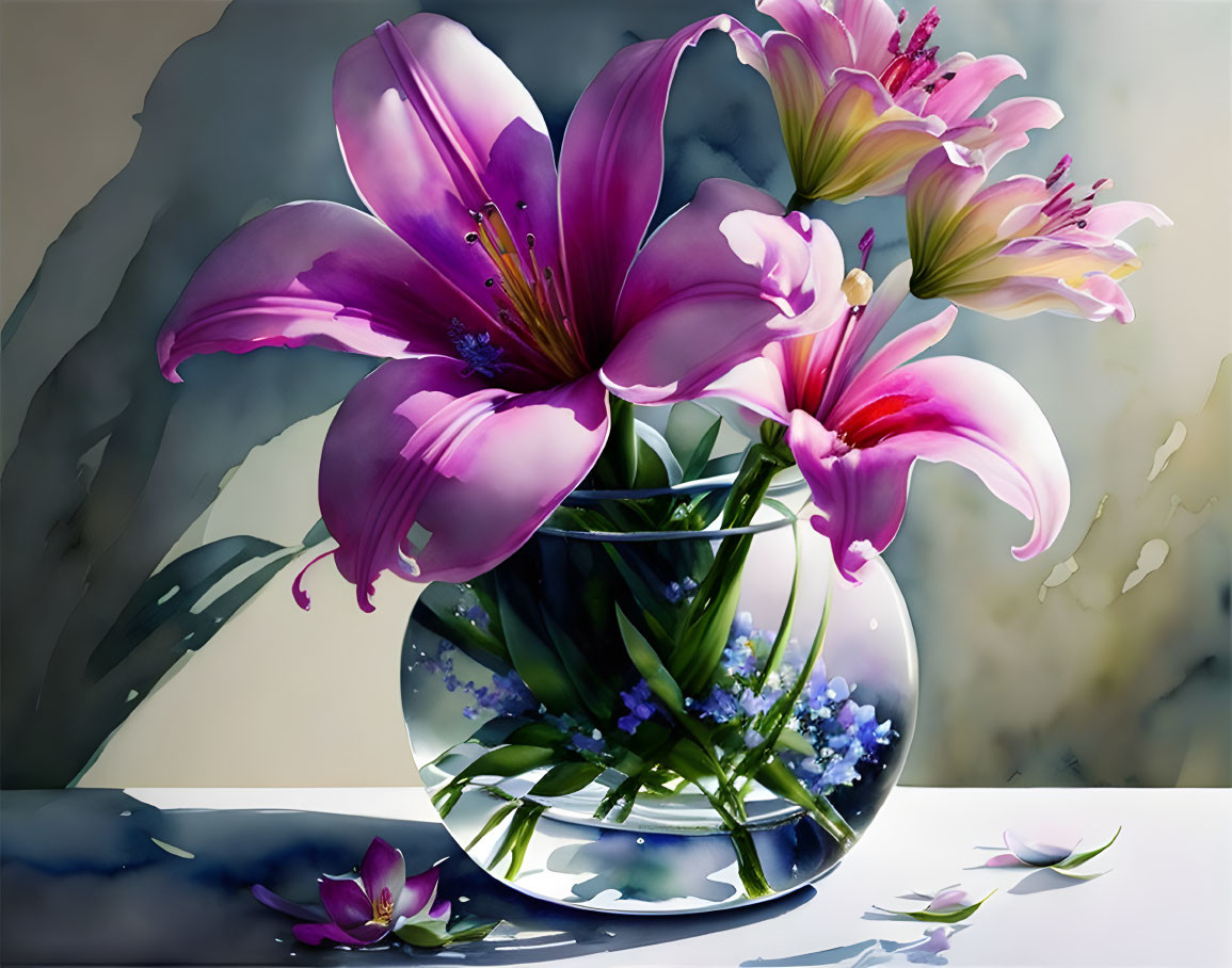 Colorful digital artwork featuring pink lilies, blue flowers, and scattered petals in a glass vase.