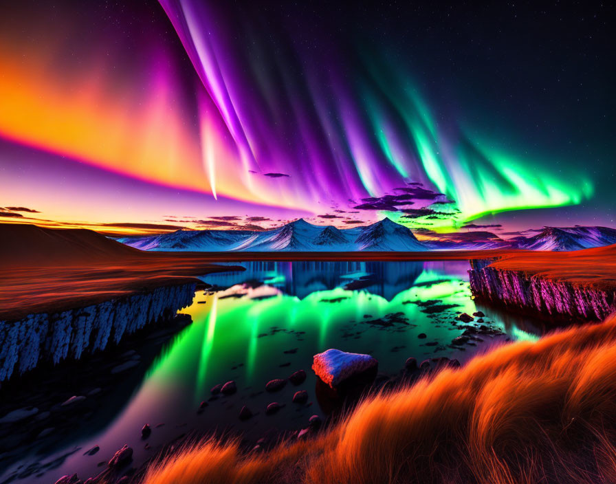 Scenic aurora borealis over lake with mountains and colorful sky reflected.