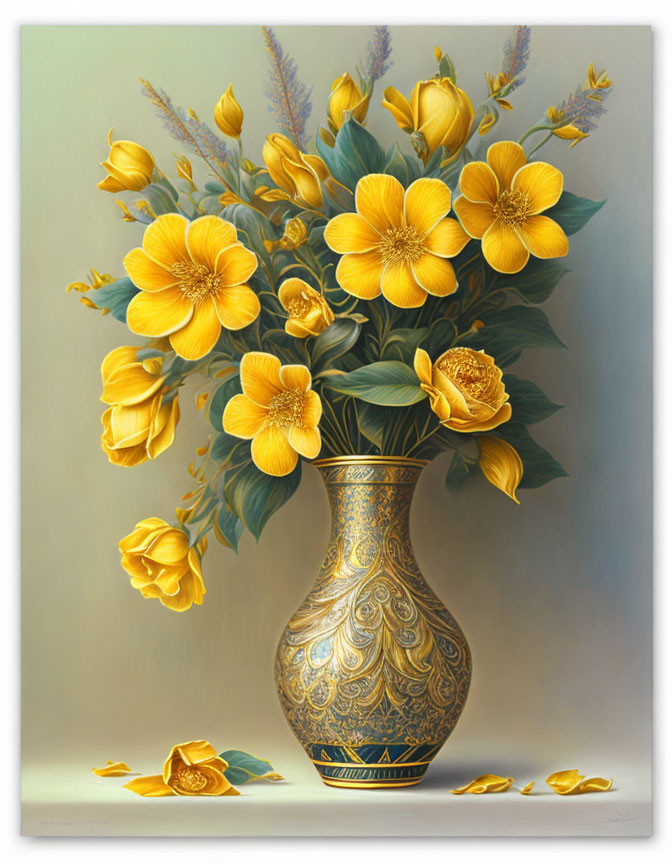 Bronze vase painting with yellow flowers and fallen petals