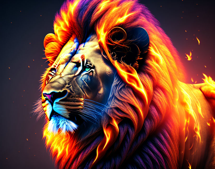 Vibrant digital artwork: Lion profile with flaming mane on dark background