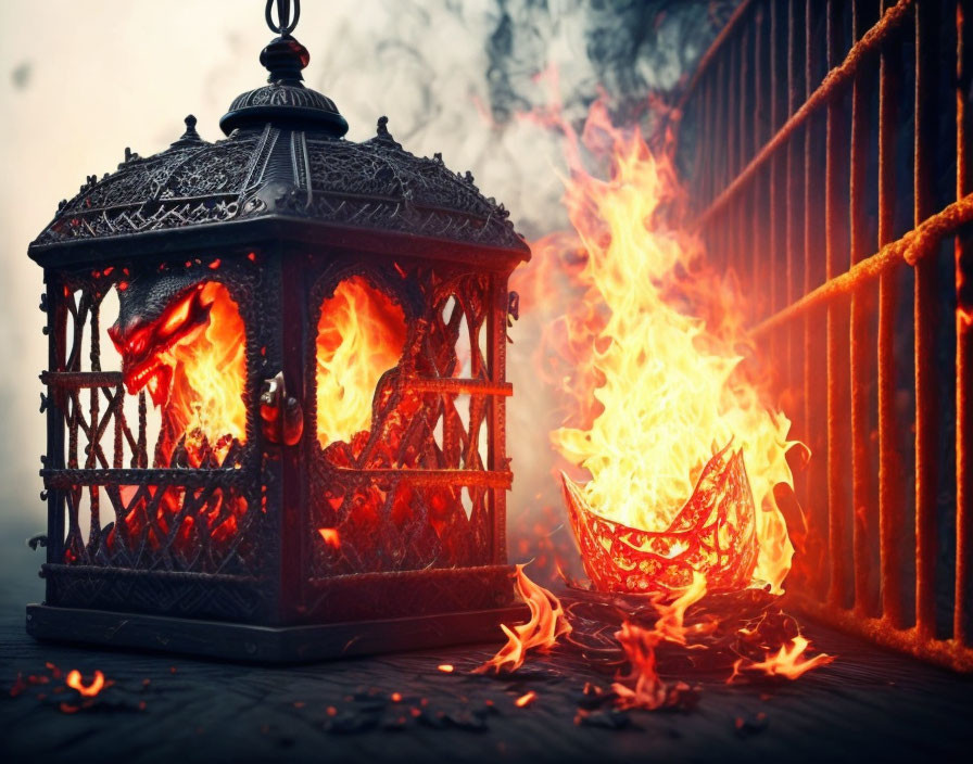 Ornate lantern with flames and broken piece on wooden surface