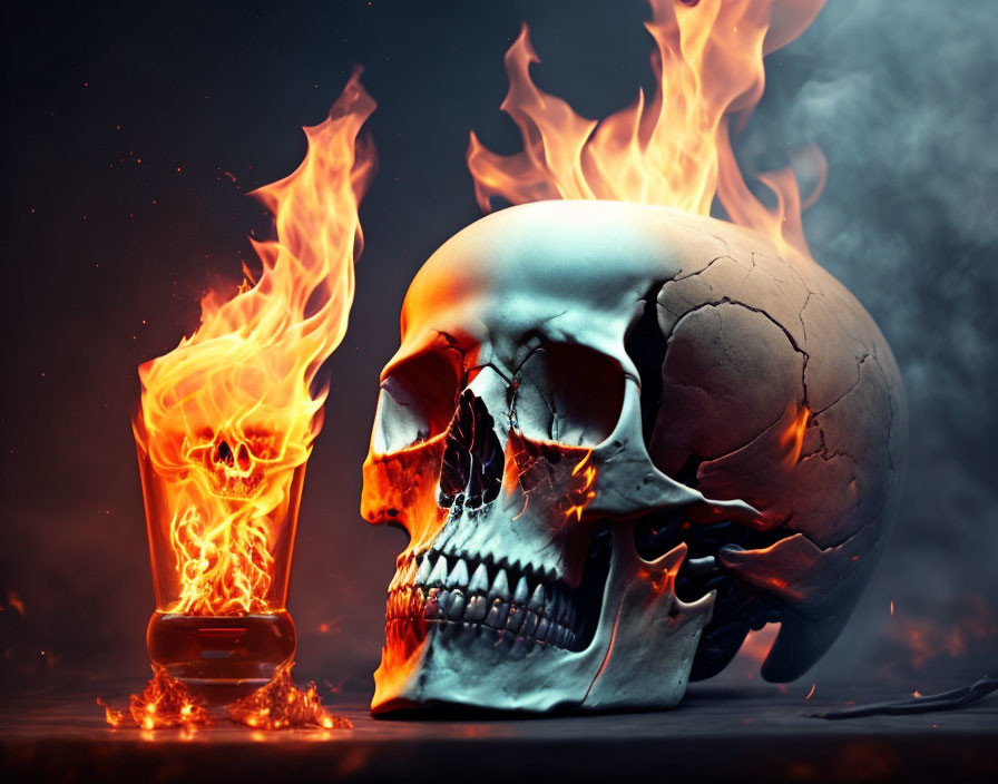 Cracked human skull next to flame in fiery backdrop