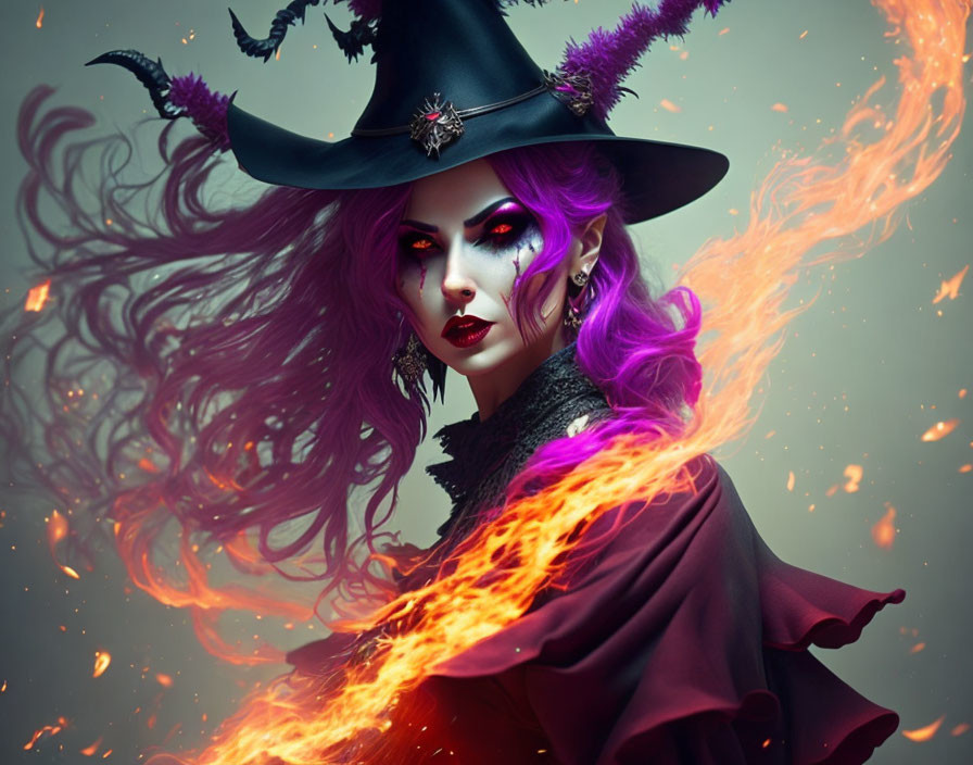 Vibrant purple-haired witch in black hat and cloak with fiery backdrop