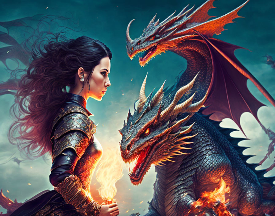 Medieval armor woman with two dragons in fantasy scene