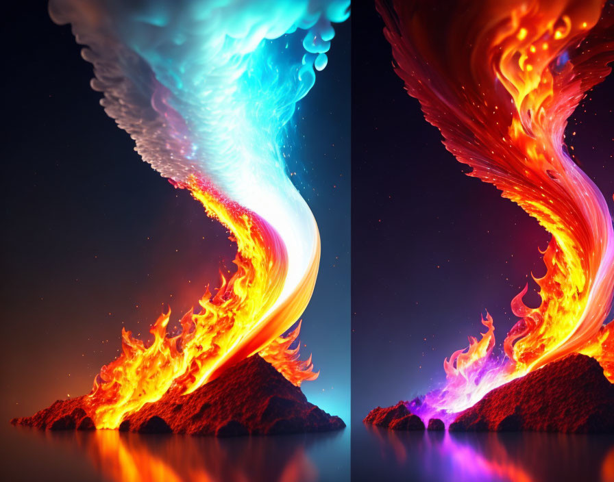 Digital Artwork: Fiery Lava vs. Luminescent Wave Split Frame