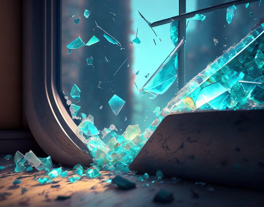 Shattered glass window with scattered shards in a sunlit room