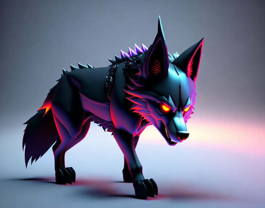 Stylized 3D wolf illustration with red eyes and neon spikes