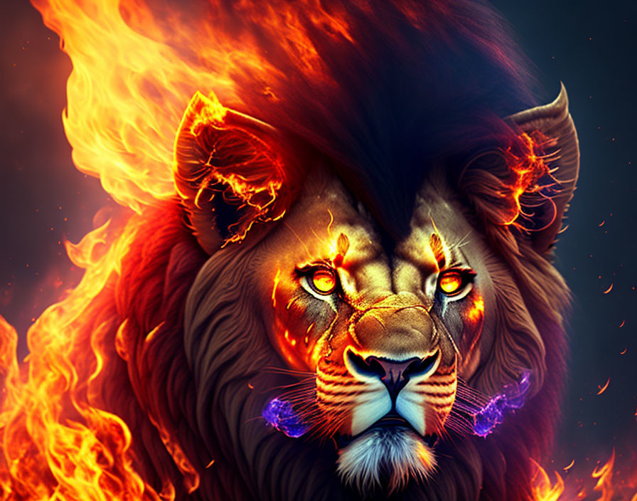 Vivid lion art: fiery mane, glowing eyes, orange, red, and blue hues