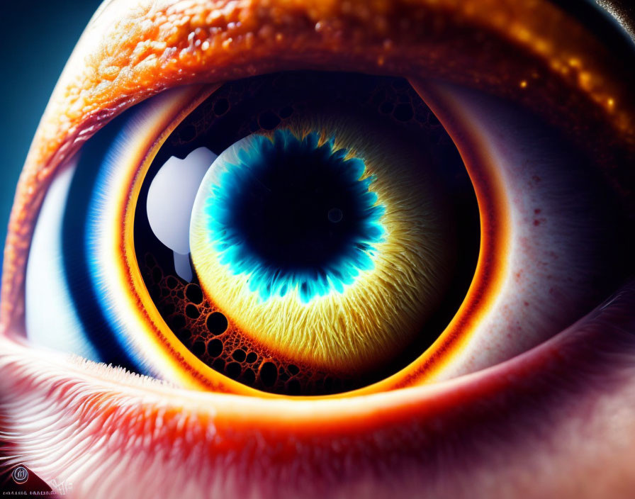 Detailed close-up of vibrant blue human eye iris and dilated pupil.