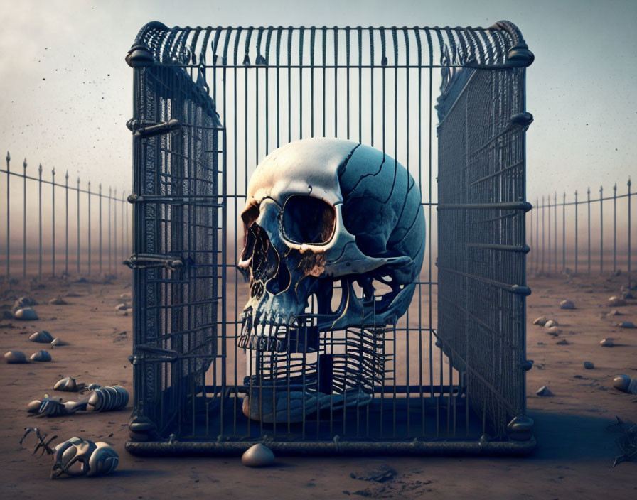 Giant human skull in birdcage surrounded by bones in desert