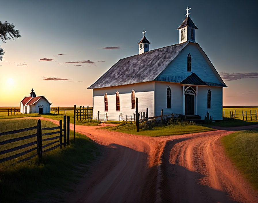 White rural church and shed by dirt road at sunset