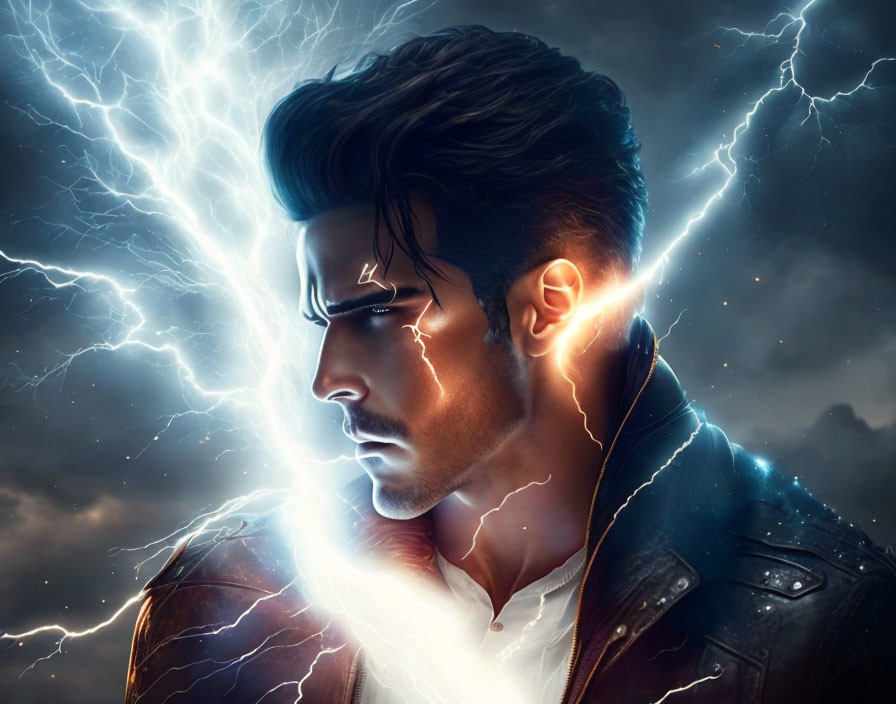 Digital Artwork: Man with Glowing Eyes and Lightning Theme