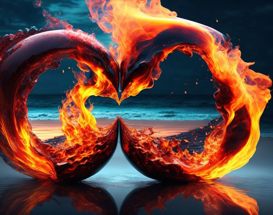 Interwoven Water and Fire Waves Creating Heart Shape on Beach